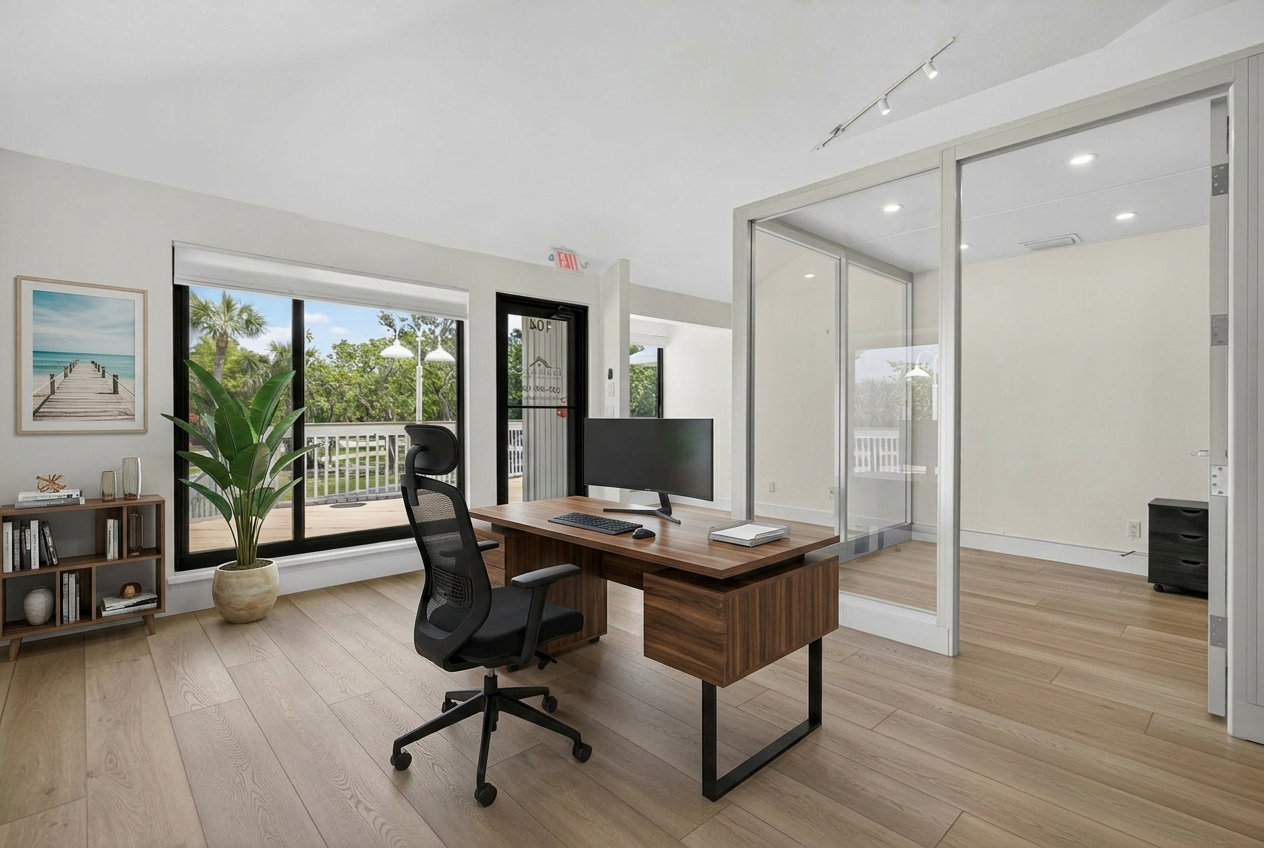 Open coworking floor with private glass offices